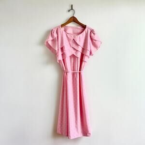 Vintage 80s Pink Polka Dot Flutter Sleeve Dress | Tie Waist | Size M/L